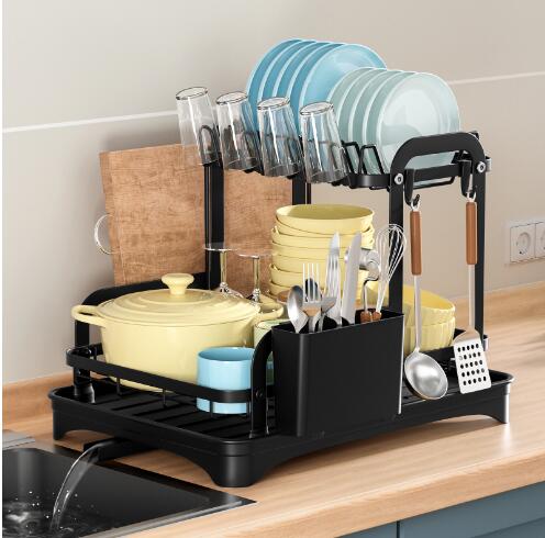 GentleRoot™ 2-Tier Kitchen Dish Drying Rack with Drainboard & Utensil Holder